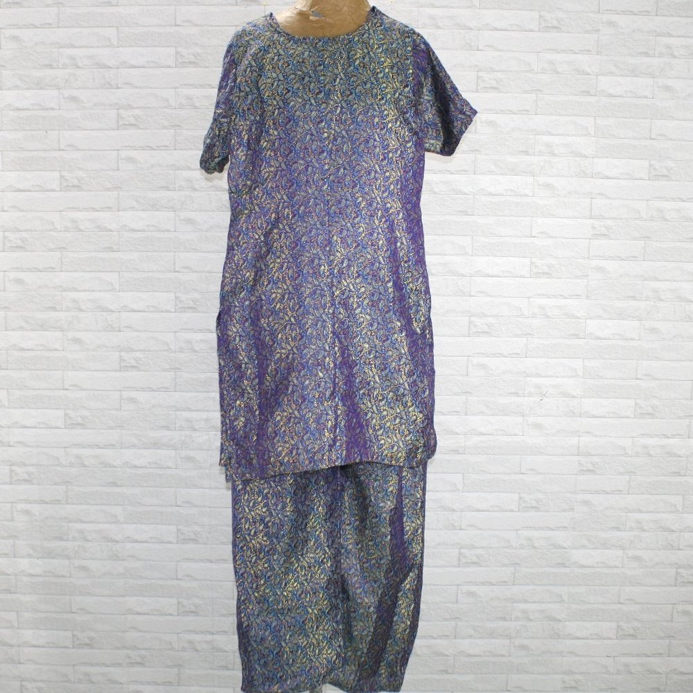 HANDMADE Kurta Set Purple Paisley Tunic Pant Orange Silver Embroidered Metallic - Picture 5 of 14